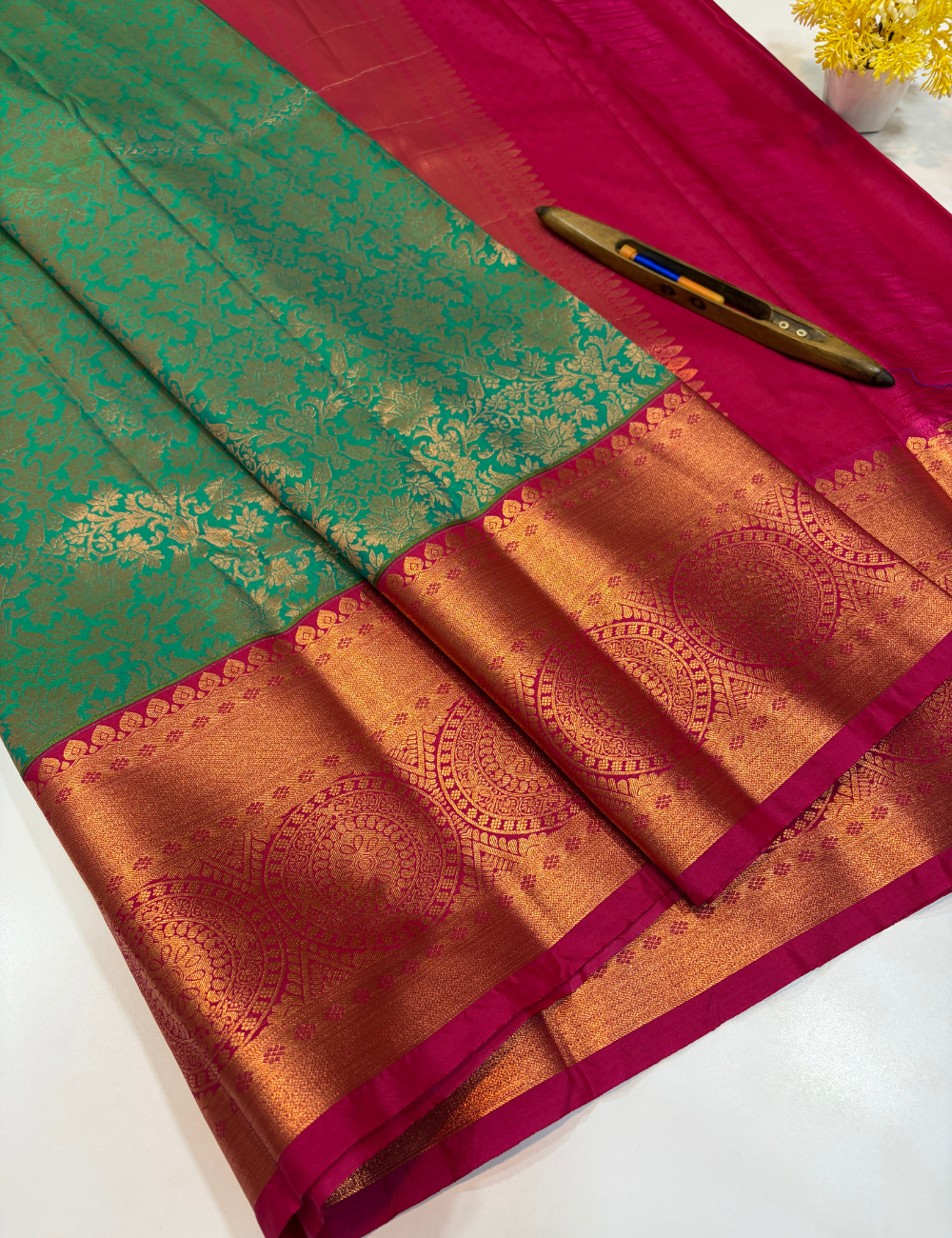 Semi Bridal Kanchi Silk Saree – Rama Green with Magenta Pink