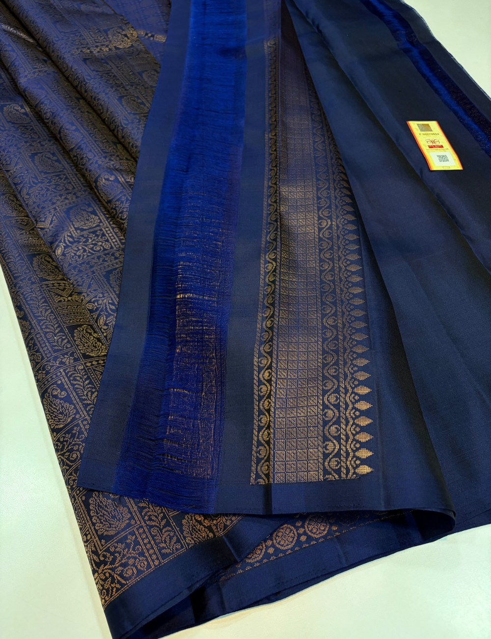 Navy Blue Handloom Pure Soft Silk Saree with Full Gold Zari Brocade Weaves, Borderless Design & Matching Blouse | Silk Mark Certified