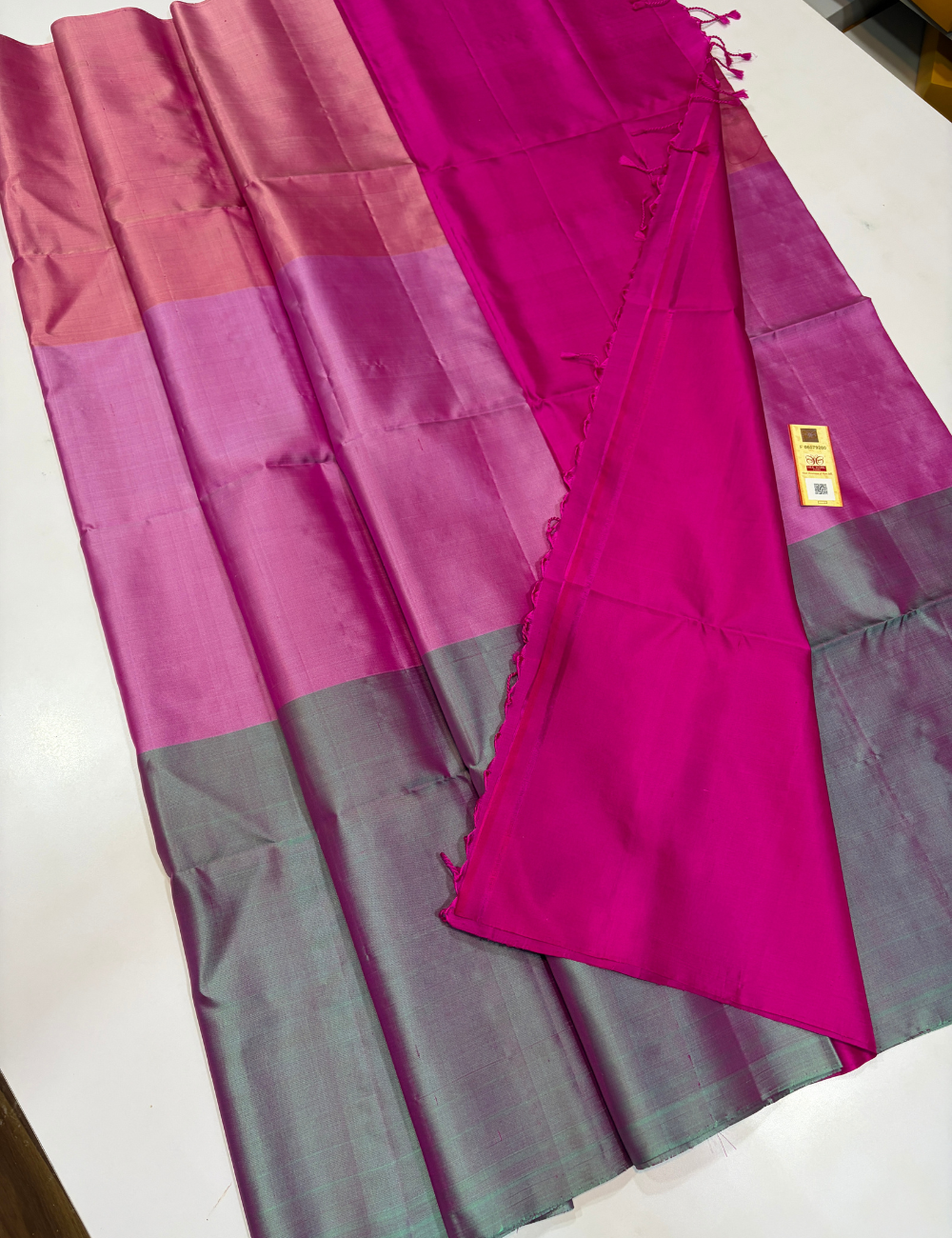 Tricolour Body Pure Soft Silk Saree with Rani Pink Pallu & Blouse | Elegant Borderless Designer Saree