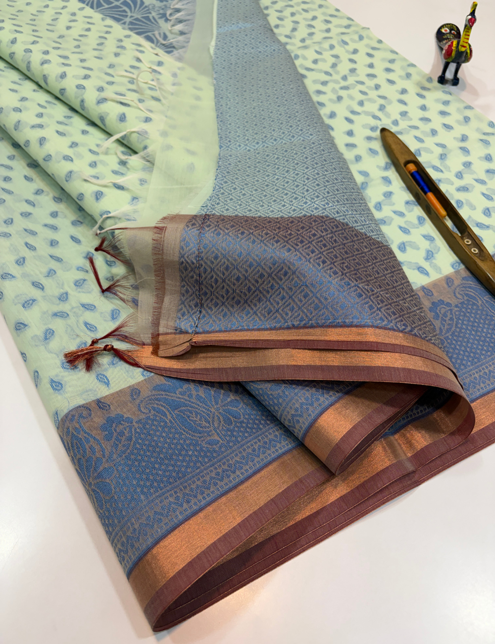 Ocean Blue Semi Silk Cotton Saree with Gold Jari Piping Border & Jacquard Blouse | Turning Border