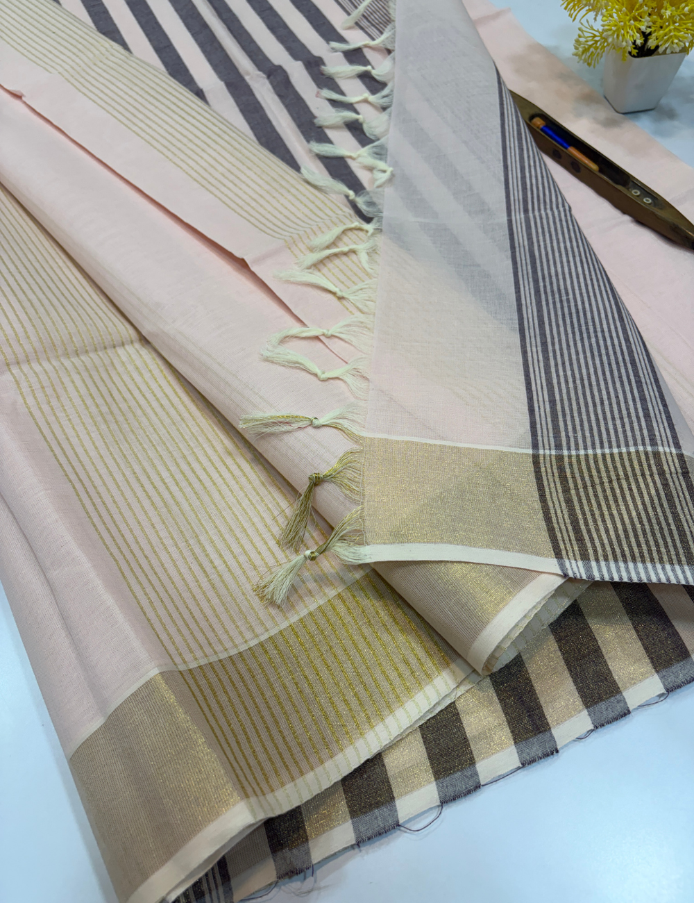 Negamam Pure Cotton Saree in Soft Blush Pink with Golden Zari Border | Striped Pallu & Self Blouse
