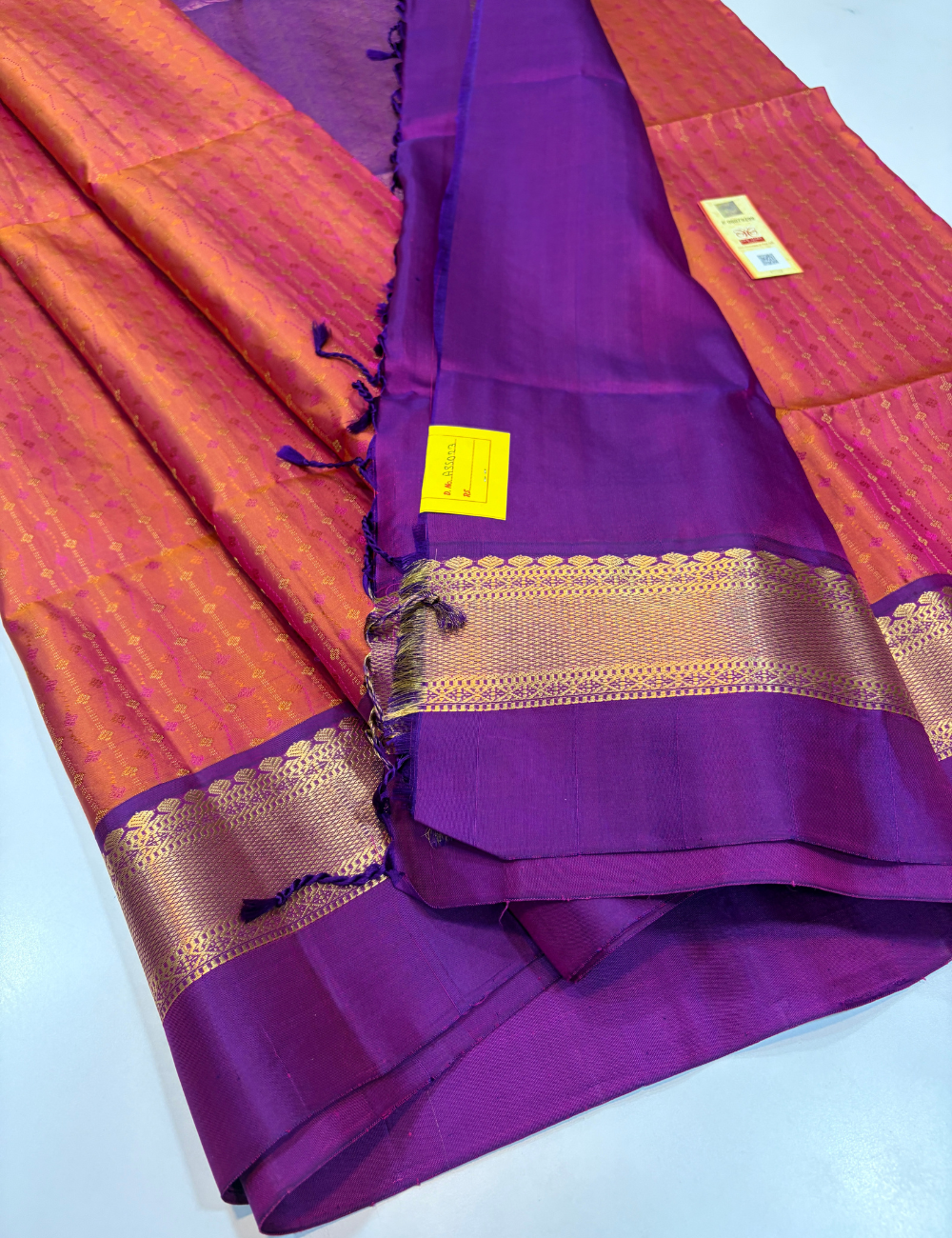 Orangish Pink Full Brocade Bridal Handloom Pure Soft Silk Saree with Purple Contrast Kanchi Border | Silk Mark Certified