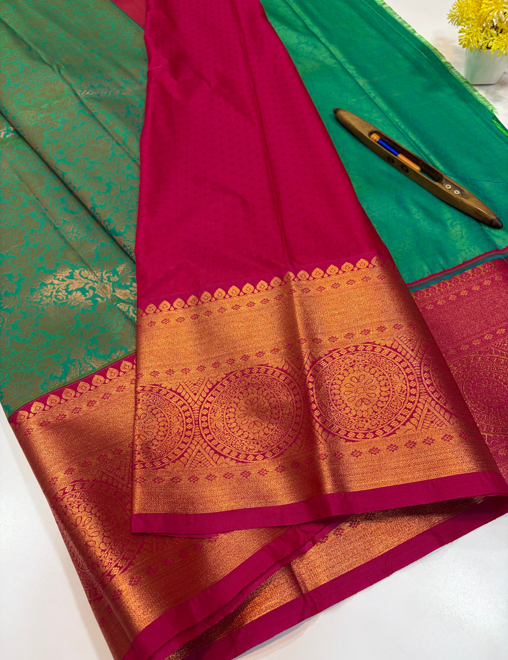 Semi Bridal Kanchi Silk Saree – Rama Green with Magenta Pink
