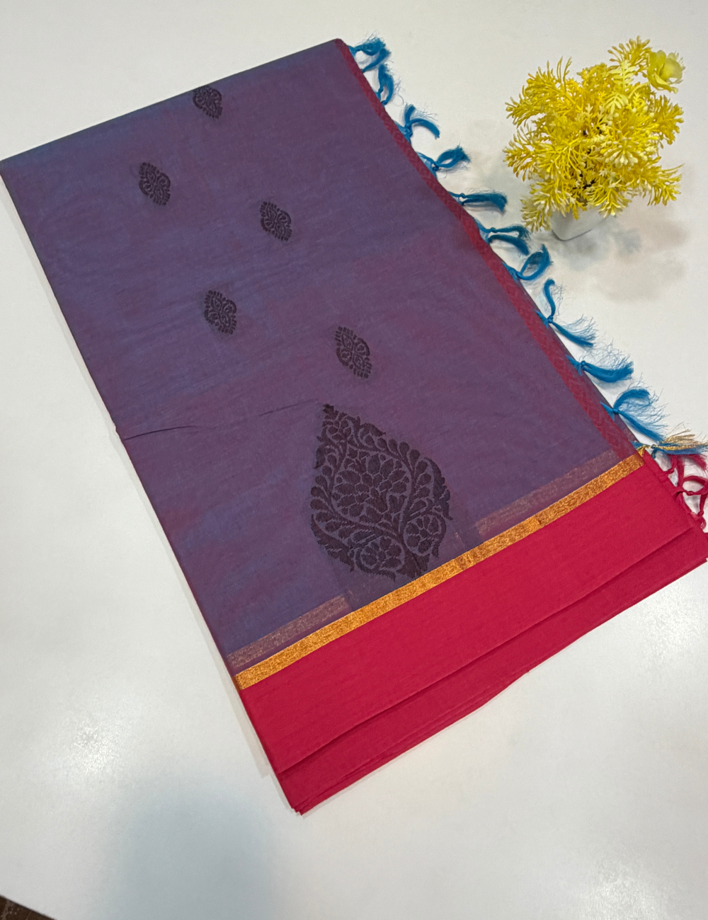 Negamam Pure Cotton Saree – Lavender Mist with Hot Pink Border