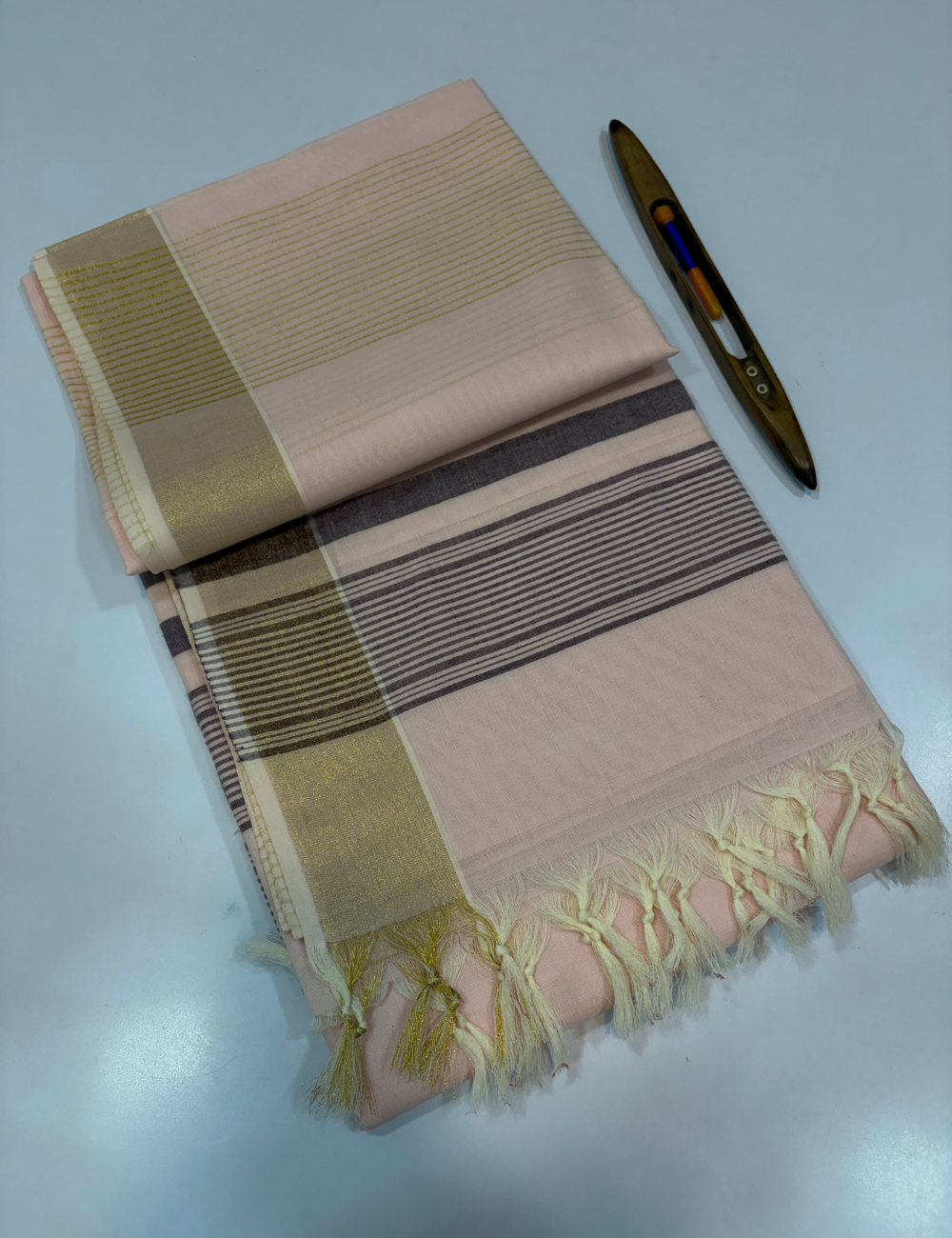 Negamam Pure Cotton Saree in Soft Blush Pink with Golden Zari Border | Striped Pallu & Self Blouse