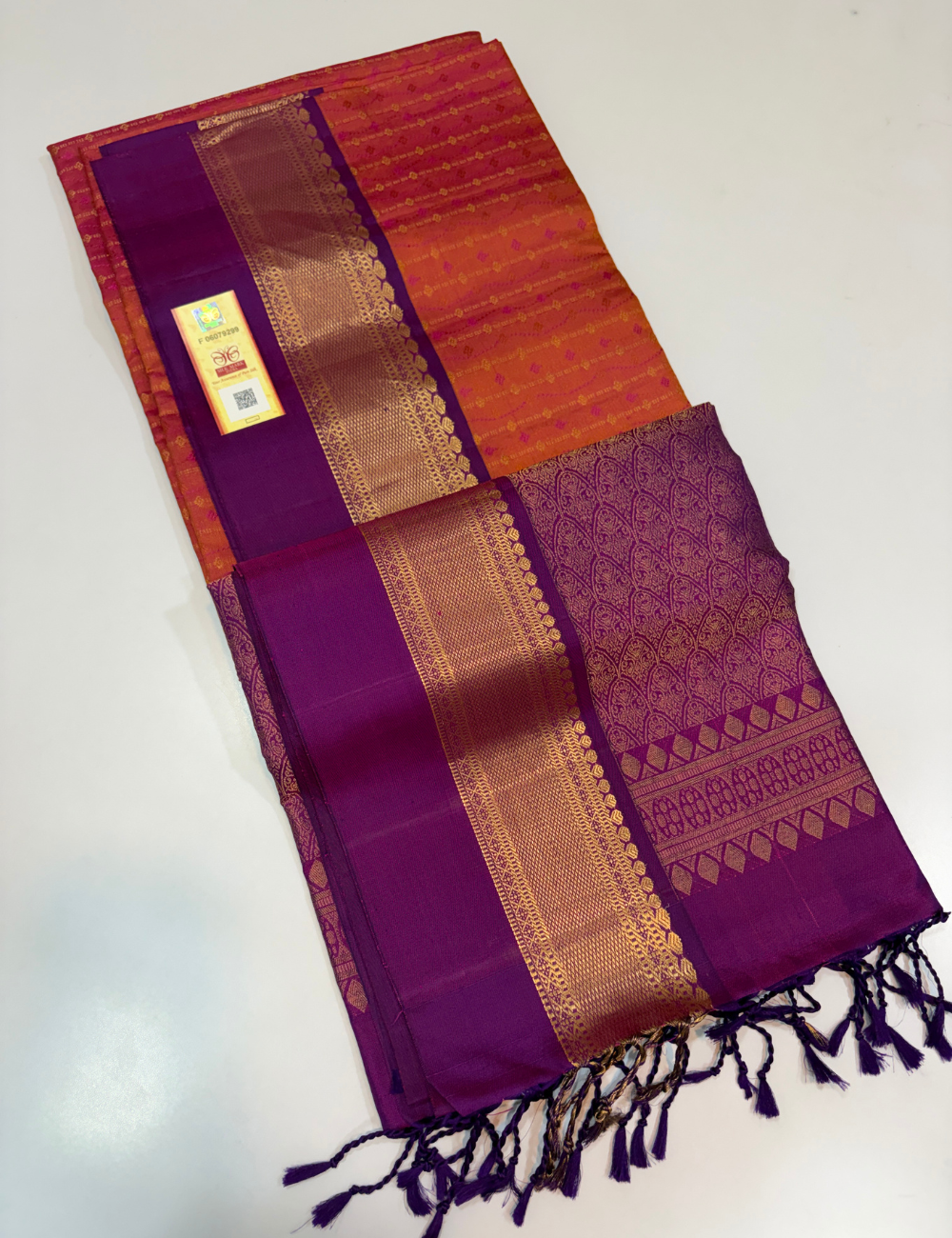 Orangish Pink Full Brocade Bridal Handloom Pure Soft Silk Saree with Purple Contrast Kanchi Border | Silk Mark Certified