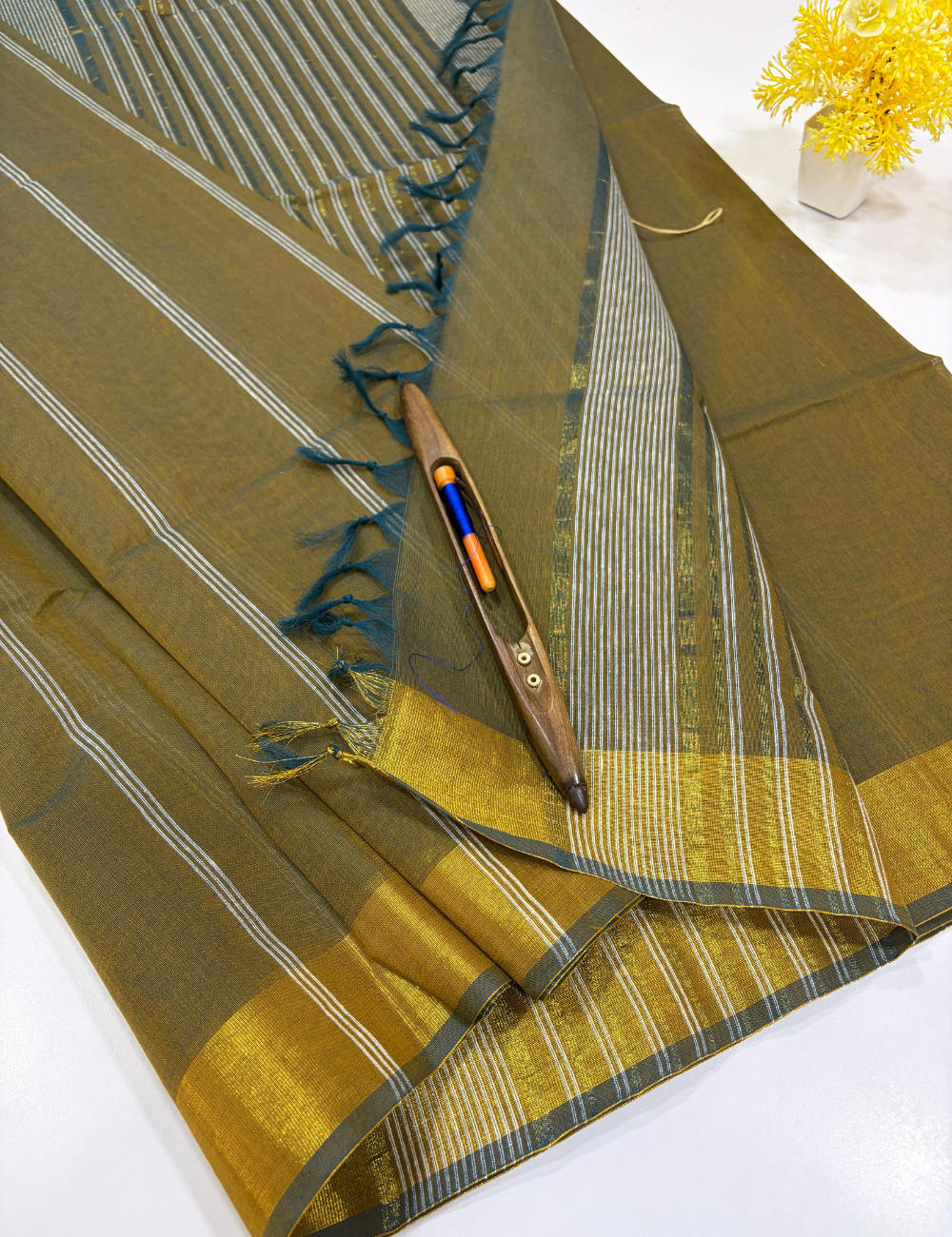 Pastel Dry Leaf Pure Cotton Saree with Subtle Jari Border