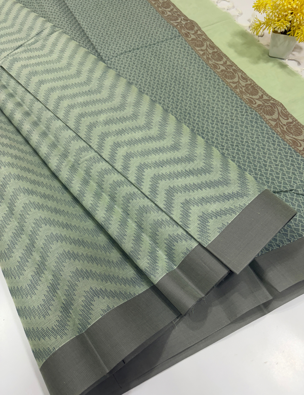 Pure Cotton Pochampally Sage Green Wavy Design Saree