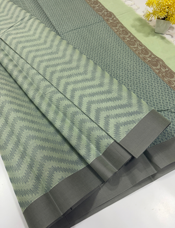 Pure Cotton Pochampally Sage Green Wavy Design Saree