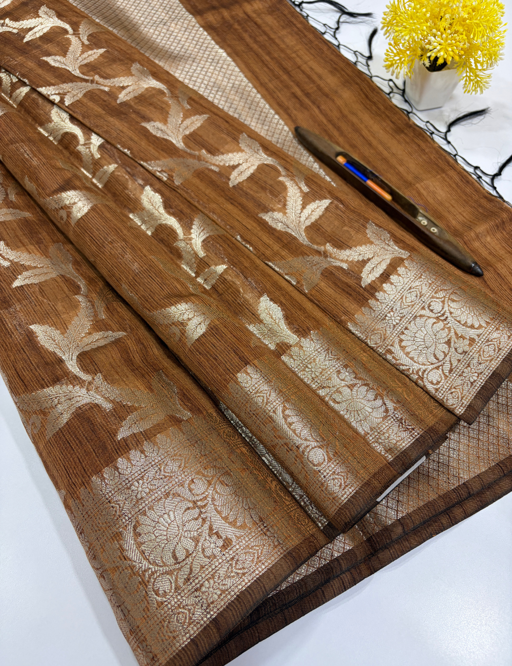 Honey Brown Matka Silk Cotton Saree with Full Zari Butta | Rich Zari Border & Brocade Blouse