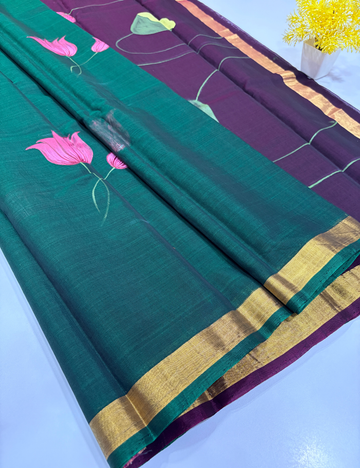 Handloom Kora Cotton Saree with Hand Painting | Bottle Green with Purple Elegance