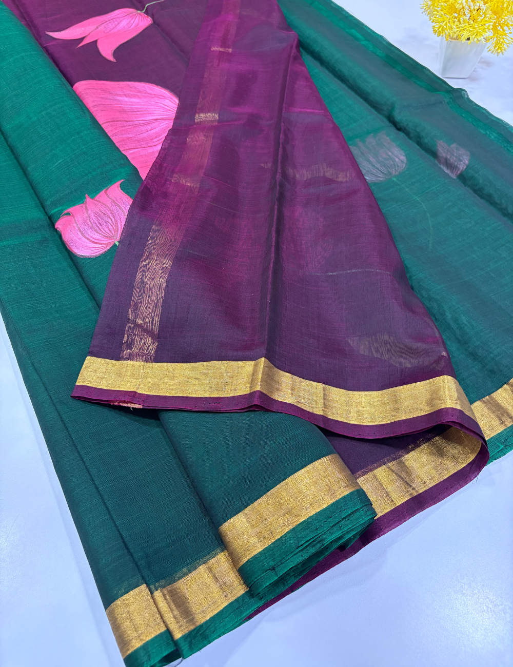 Handloom Kora Cotton Saree with Hand Painting | Bottle Green with Purple Elegance