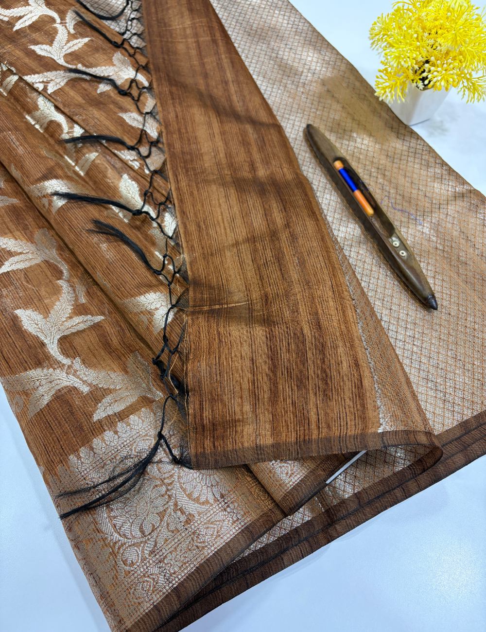 Honey Brown Matka Silk Cotton Saree with Full Zari Butta | Rich Zari Border & Brocade Blouse