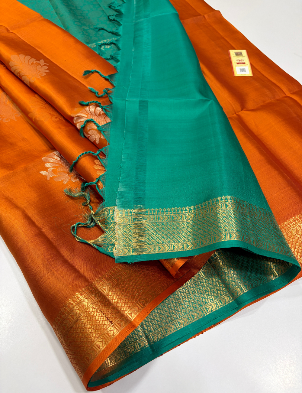 Burnt Orange Dual Tone Rama Green Pallu & Blouse Kanchi Border Handloom Pure Soft Silk Saree