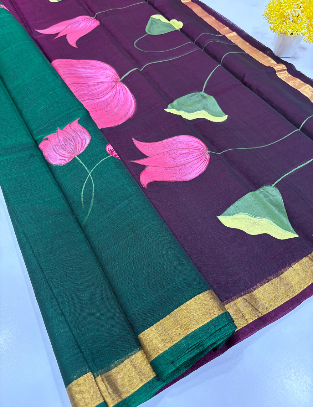 Handloom Kora Cotton Saree with Hand Painting | Bottle Green with Purple Elegance