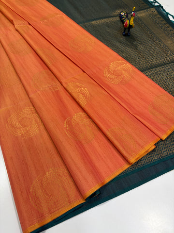 Peach Coral Orange with Teal Blue Contrast – Handloom Semi Raw Softsilk Saree
