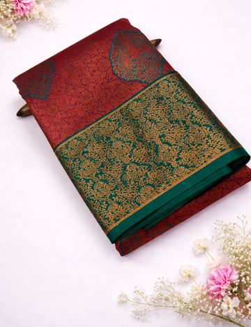 Semi Bridal Kanchi Silk Saree – Teal Grey with Rama Green