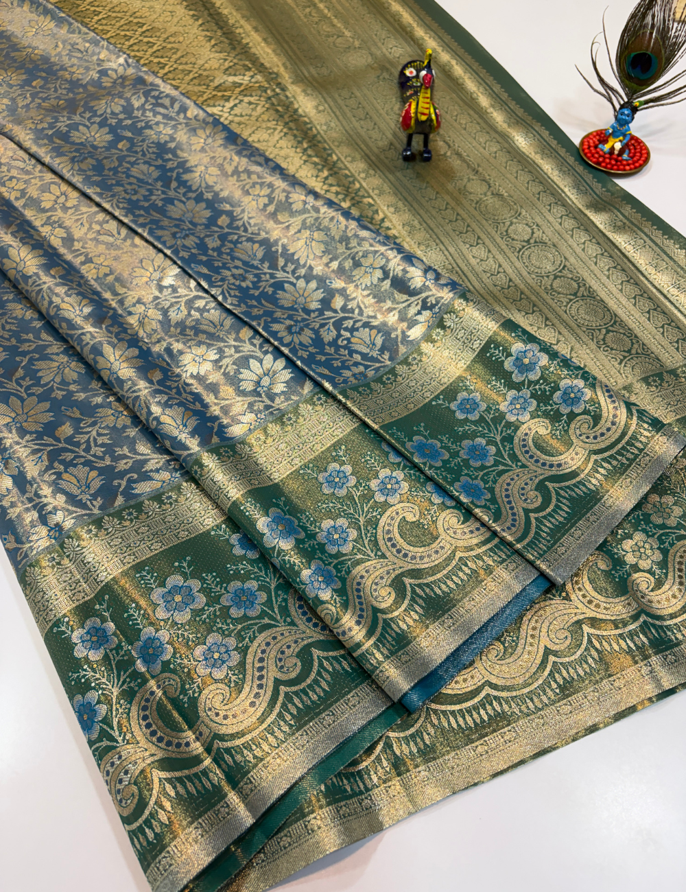 Sea Blue with Light Green Korvai Contrast Tissue Semi Bridal Silk Saree | Full Brocade Weaving | Aadithya Handlooms