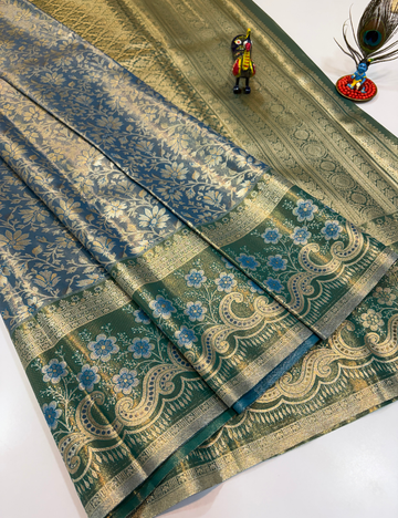 Sea Blue with Light Green Korvai Contrast Tissue Semi Bridal Silk Saree | Full Brocade Weaving | Aadithya Handlooms