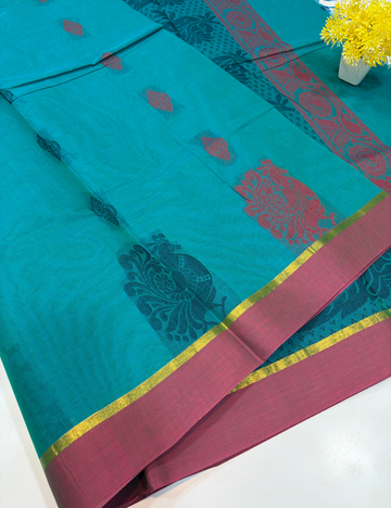 Negamam Pure Cotton Saree – Peacock Teal with Orchid Pink Border