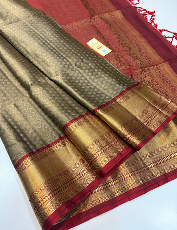 Grey Full Brocade Bridal Handloom Pure Soft Silk Saree with Gold Zari Kanchi Border, Maroon Pallu & Blouse | Silk Mark Certified