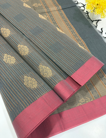 Negamam Pure Cotton Vairaoosi Stripes Saree – Slate Grey & Pink