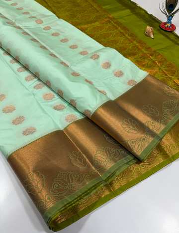 Mint Green Semi Soft Silk Saree with Kanchi Border | Olive Green Pallu & Blouse