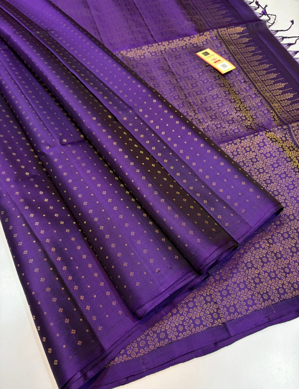 Eggplant Purple Handloom Pure Soft Silk Saree with 1000 Putta Design, Borderless Style & Matching Blouse | Silk Mark Certified