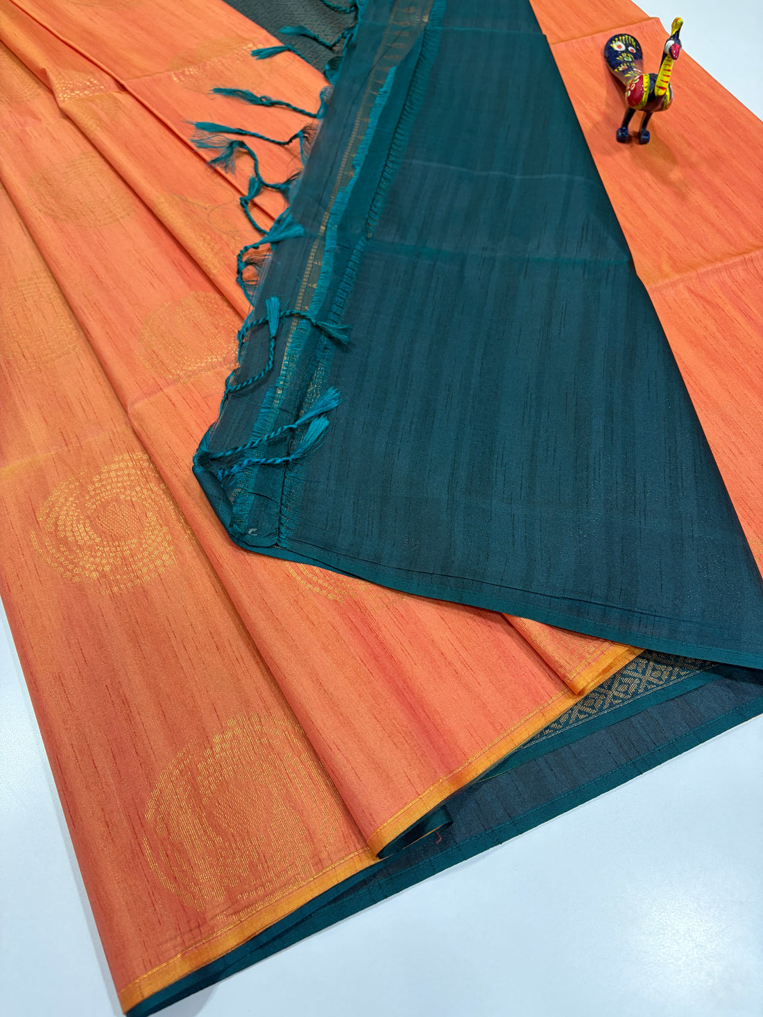 Peach Coral Orange with Teal Blue Contrast – Handloom Semi Raw Softsilk Saree