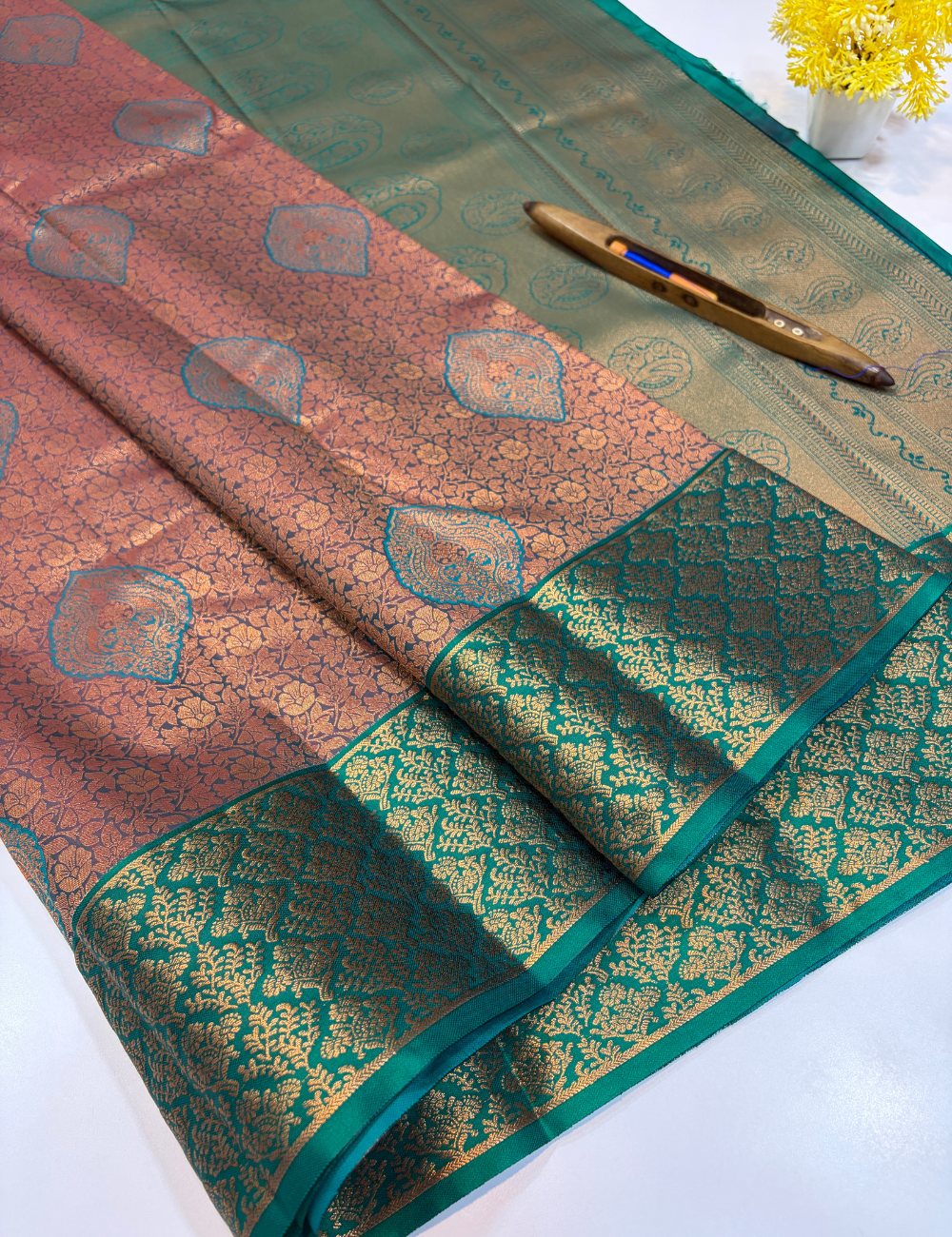 Semi Bridal Kanchi Silk Saree – Teal Grey with Rama Green