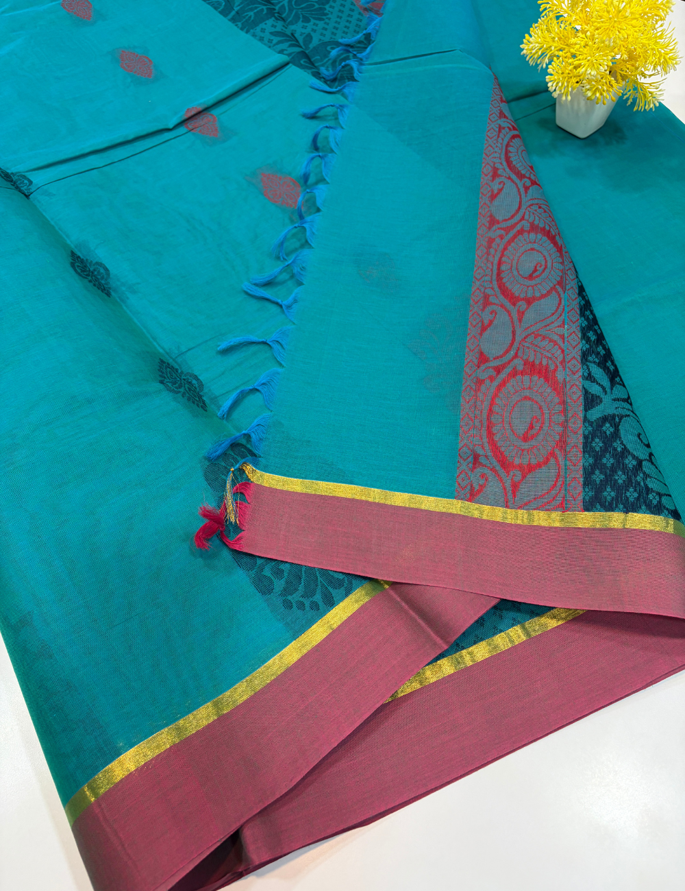 Negamam Pure Cotton Saree – Peacock Teal with Orchid Pink Border