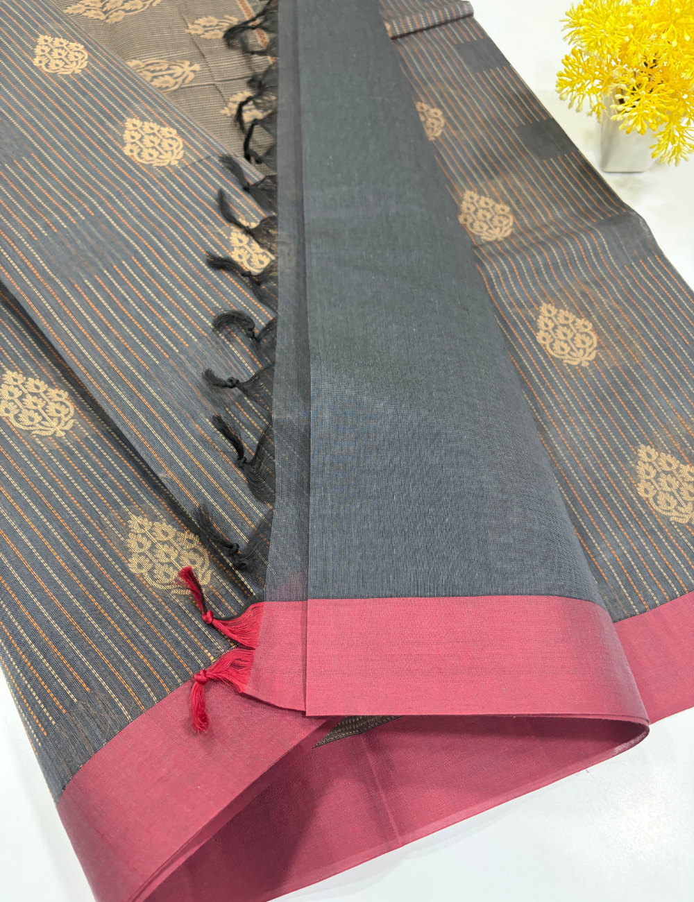 Negamam Pure Cotton Vairaoosi Stripes Saree – Slate Grey & Pink