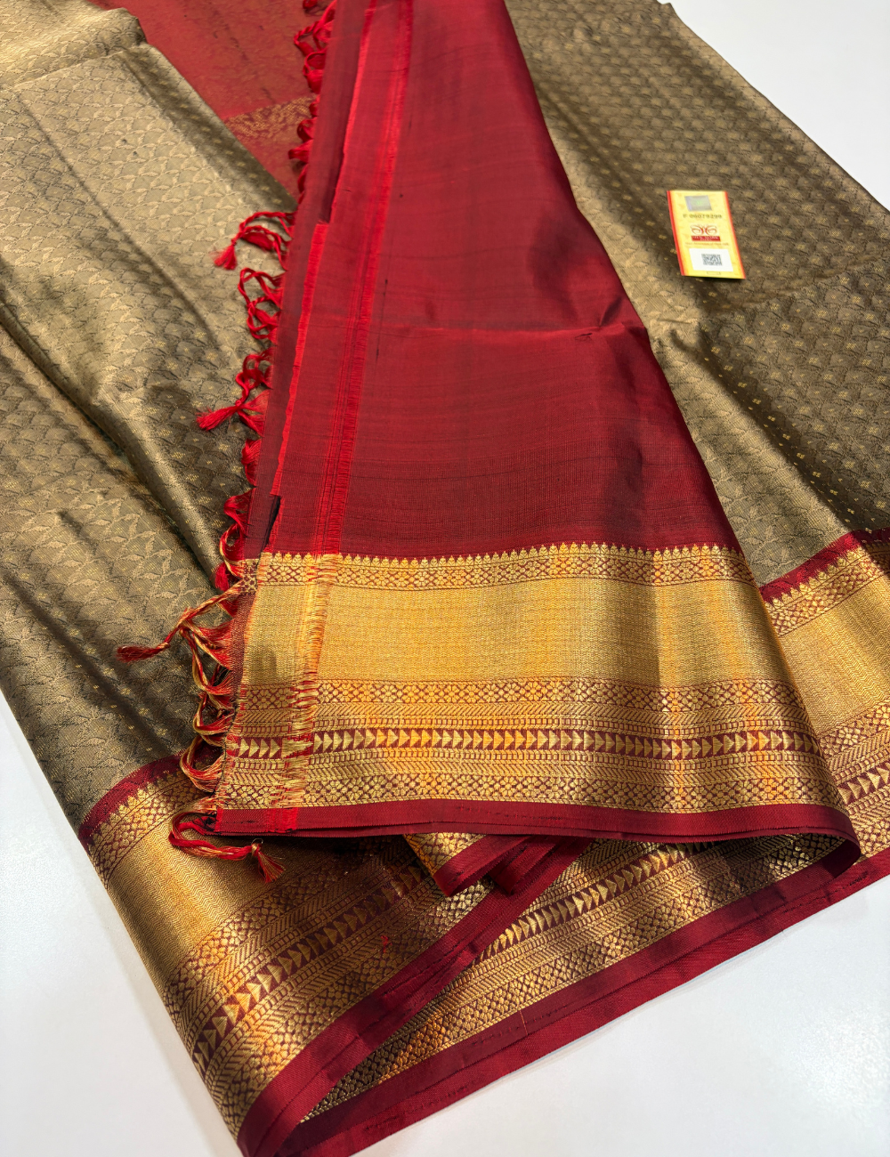 Grey Full Brocade Bridal Handloom Pure Soft Silk Saree with Gold Zari Kanchi Border, Maroon Pallu & Blouse | Silk Mark Certified
