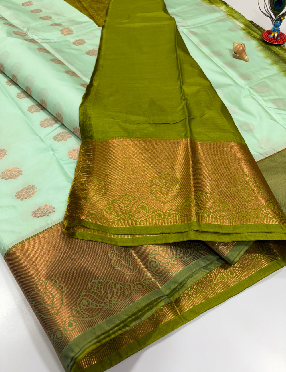 Mint Green Semi Soft Silk Saree with Kanchi Border | Olive Green Pallu & Blouse