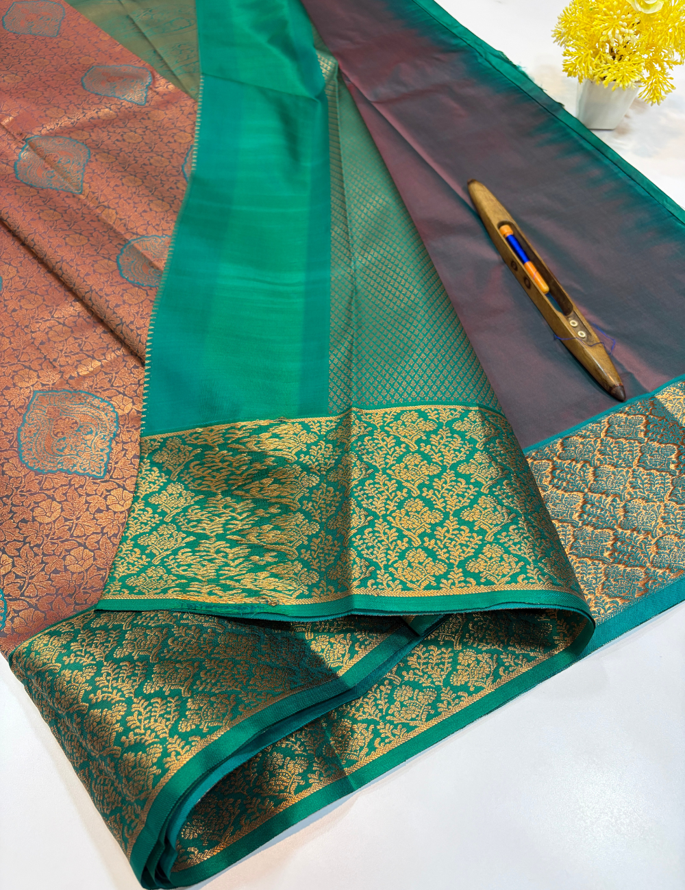 Semi Bridal Kanchi Silk Saree – Teal Grey with Rama Green