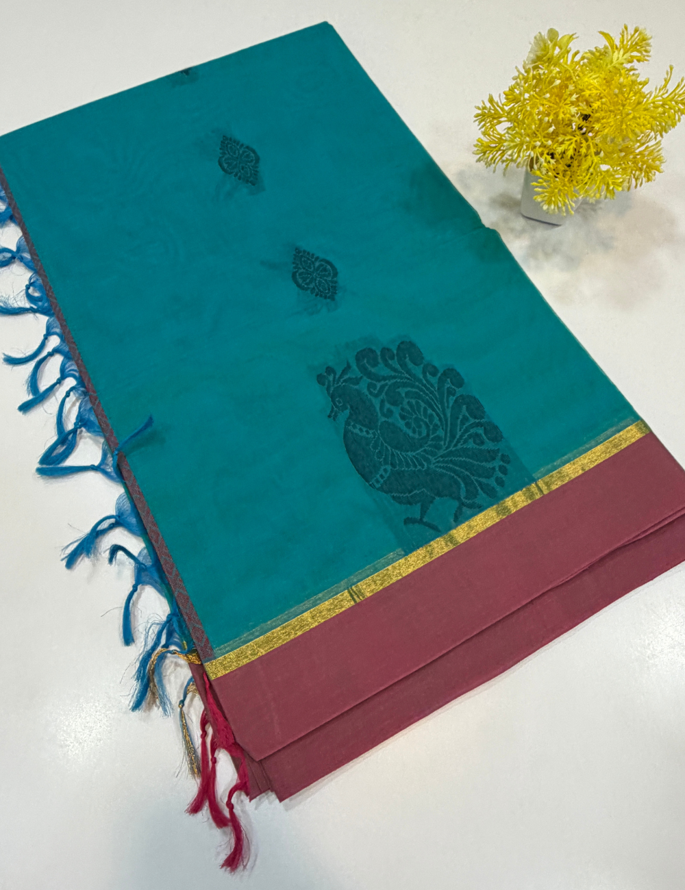 Negamam Pure Cotton Saree – Peacock Teal with Orchid Pink Border