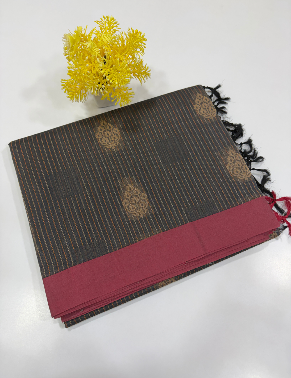 Negamam Pure Cotton Vairaoosi Stripes Saree – Slate Grey & Pink