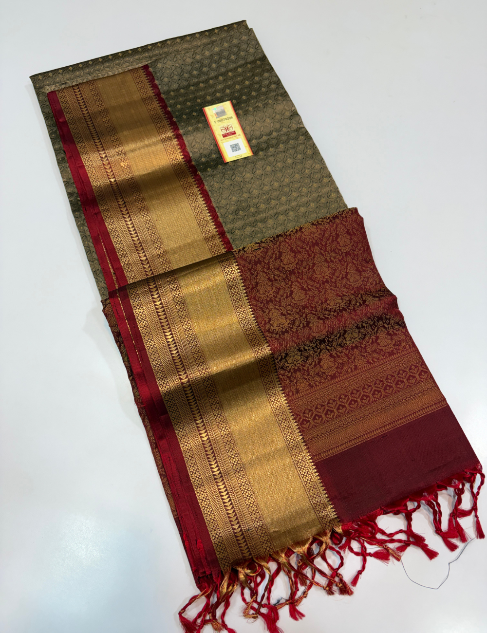 Grey Full Brocade Bridal Handloom Pure Soft Silk Saree with Gold Zari Kanchi Border, Maroon Pallu & Blouse | Silk Mark Certified