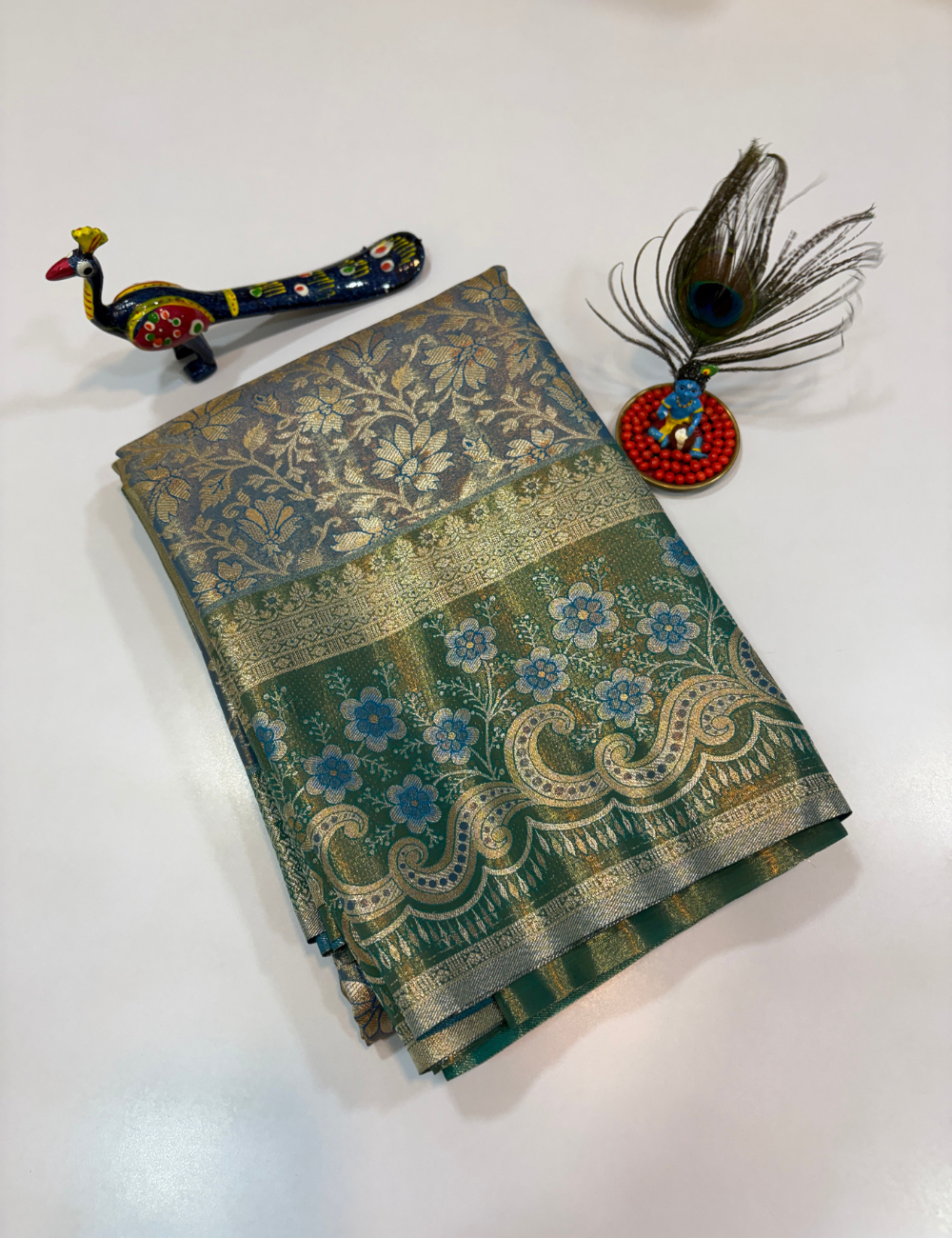 Sea Blue with Light Green Korvai Contrast Tissue Semi Bridal Silk Saree | Full Brocade Weaving | Aadithya Handlooms