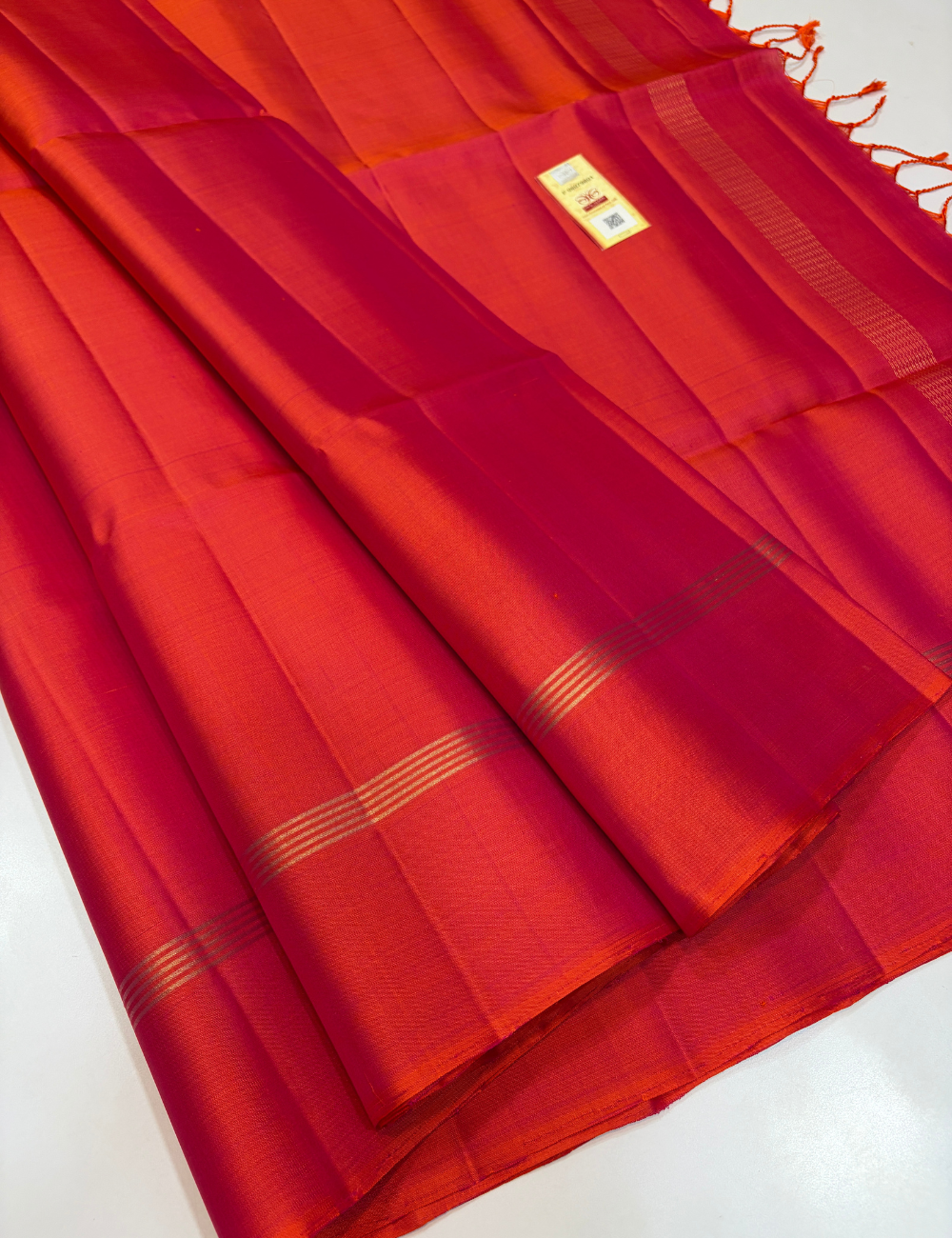 Dual Tone Orange with Pink Plain Body Piping Border Monotone Pallu Handloom Pure Softsilk Saree with Silk Mark