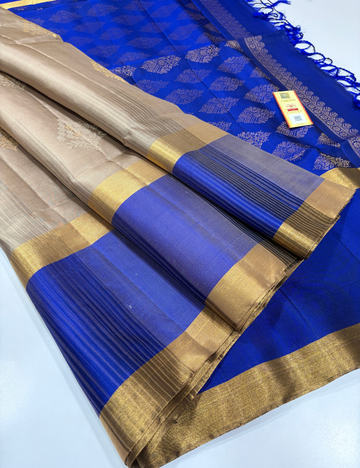 Tie & Dye Contrast Rettapet Border Meena Butta Handloom Pure Soft Silk Saree – Beige & Blue