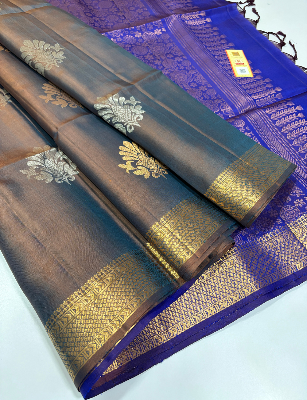 Steel Grey Dual Tone Peacock Blue Pallu & Blouse Kanchi Border Handloom Pure Soft Silk Saree