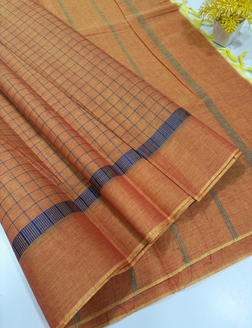 Pure Cotton Pochampally Mustard Orange Fancy Checked Saree