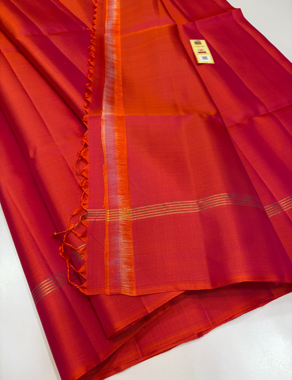 Dual Tone Orange with Pink Plain Body Piping Border Monotone Pallu Handloom Pure Softsilk Saree with Silk Mark