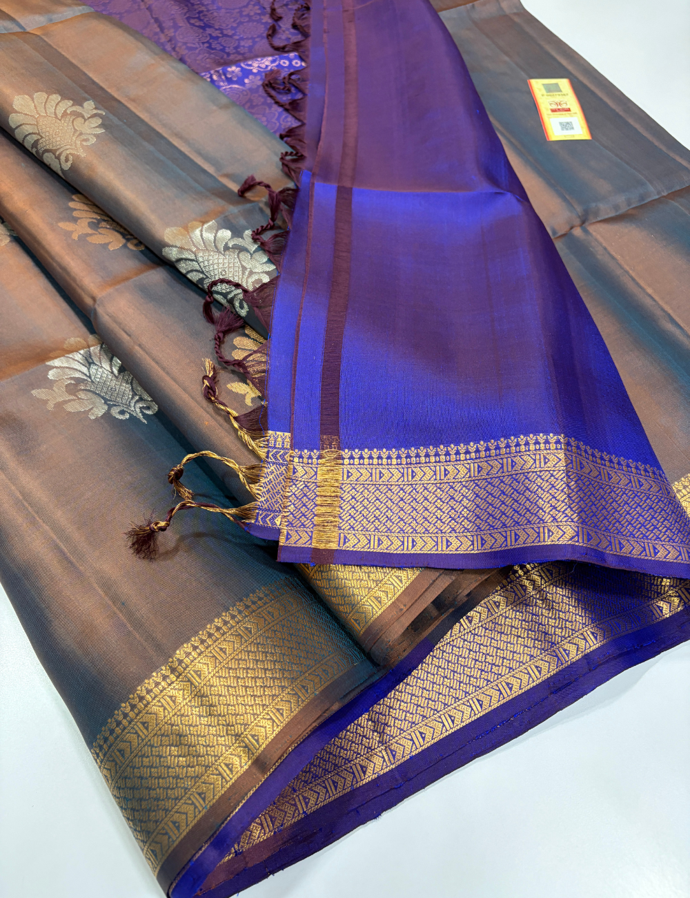Steel Grey Dual Tone Peacock Blue Pallu & Blouse Kanchi Border Handloom Pure Soft Silk Saree