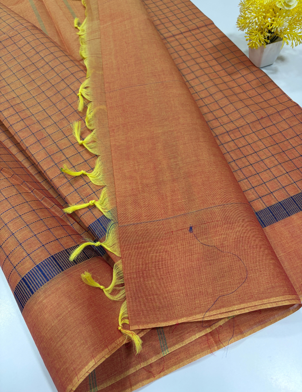 Pure Cotton Pochampally Mustard Orange Fancy Checked Saree
