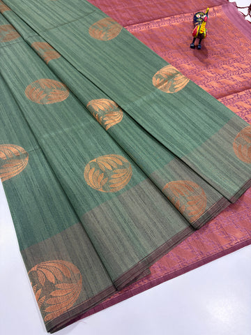 Sage Green with Dusty Mauve Purple Contrast Handloom Semi Raw Softsilk Saree