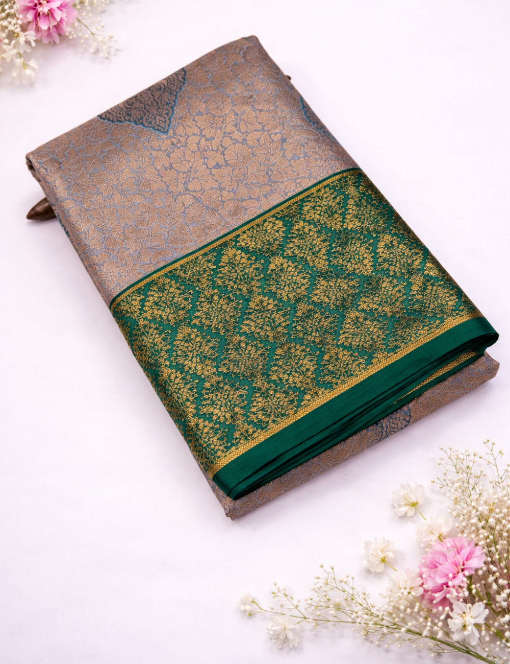 Semi Bridal Kanchi Silk Saree – Pastel Blue with Rama Green