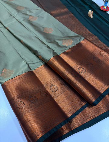 Grey Semi Soft Silk Saree with Kanchi Border | Dark Grey Pallu & Blouse