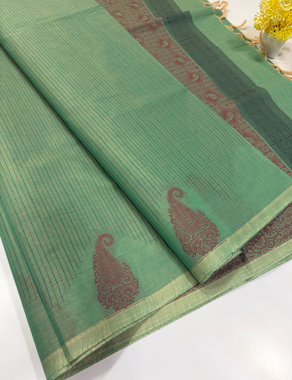Negamam Pure Cotton Vairaoosi Stripes Saree – Sage Green & Maroon
